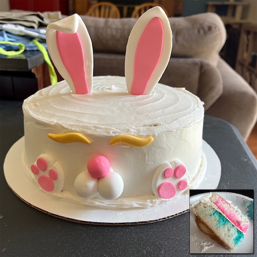 Easter Bunny Cake, magenta & teal marbled white cake (2022) Easter Bunny Cake, magenta & teal marbled white cake (2022)