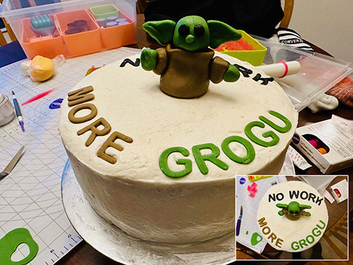 Grogu Retirement Cake, Frosted with Fondant Sculpture (2024) Grogu Retirement Cake, Frosted with Fondant Sculpture (2024)